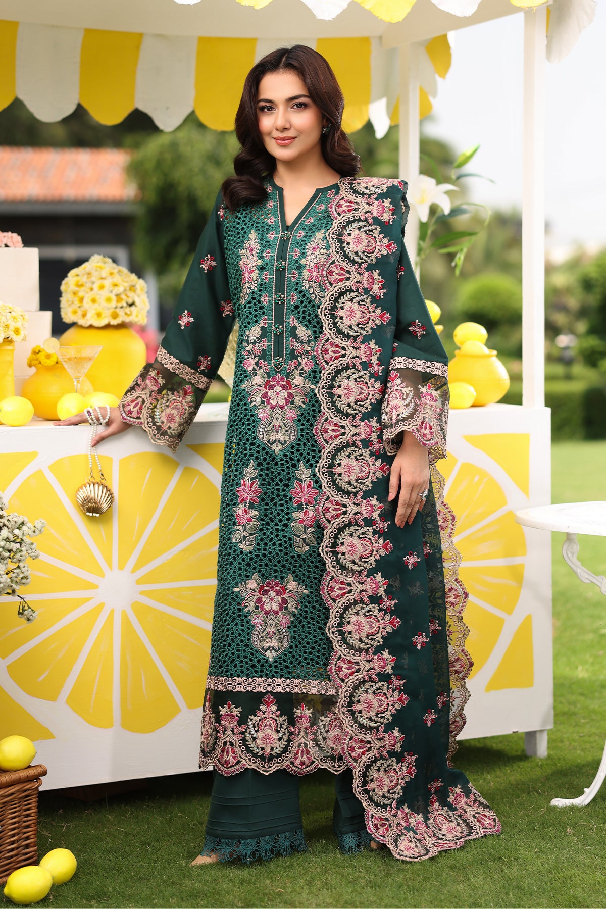 Pakistani Bottle Green Embroidered Lawn 3-Piece Suit - Image 1