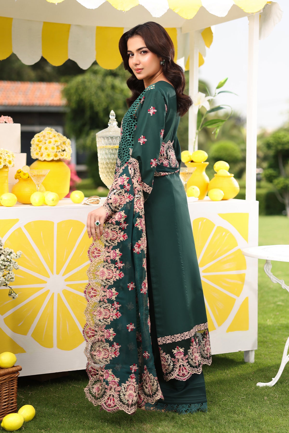 Pakistani Bottle Green Embroidered Lawn 3-Piece Suit - Image 2