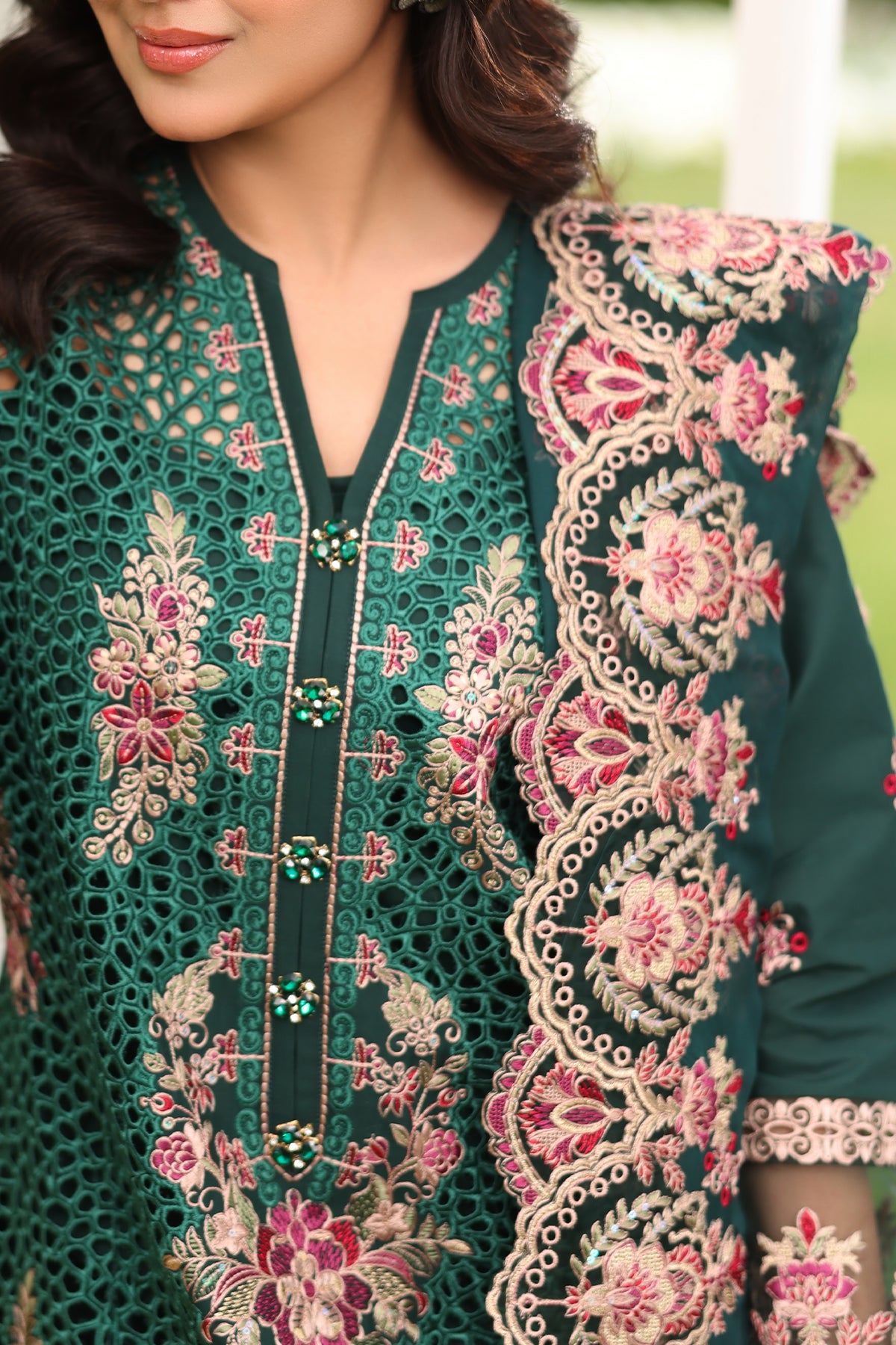 Pakistani Bottle Green Embroidered Lawn 3-Piece Suit - Image 3