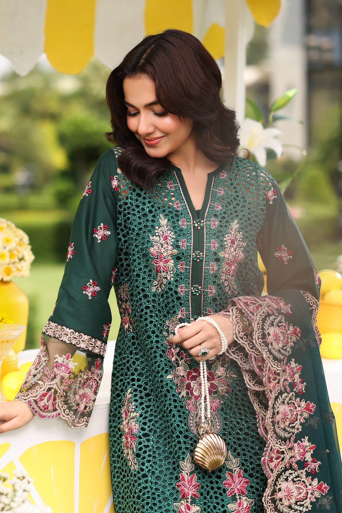 Pakistani Bottle Green Embroidered Lawn 3-Piece Suit - Image 4