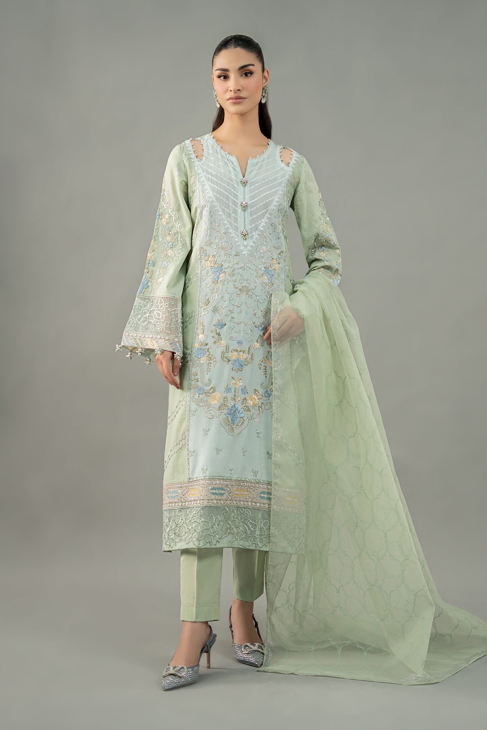 Pakistani Green Embroidered Lawn & Organza Salwar Kameez (3-Piece) - Image 1