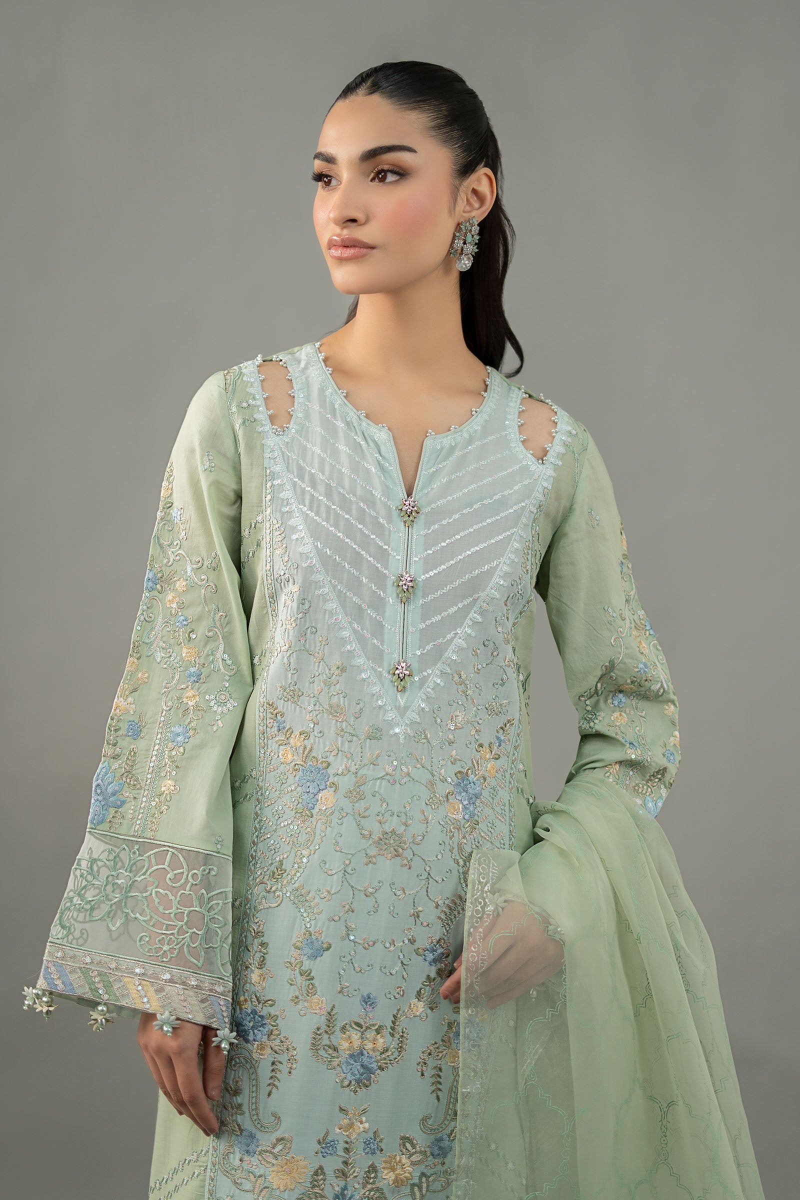 Pakistani Green Embroidered Lawn & Organza Salwar Kameez (3-Piece) - Image 2