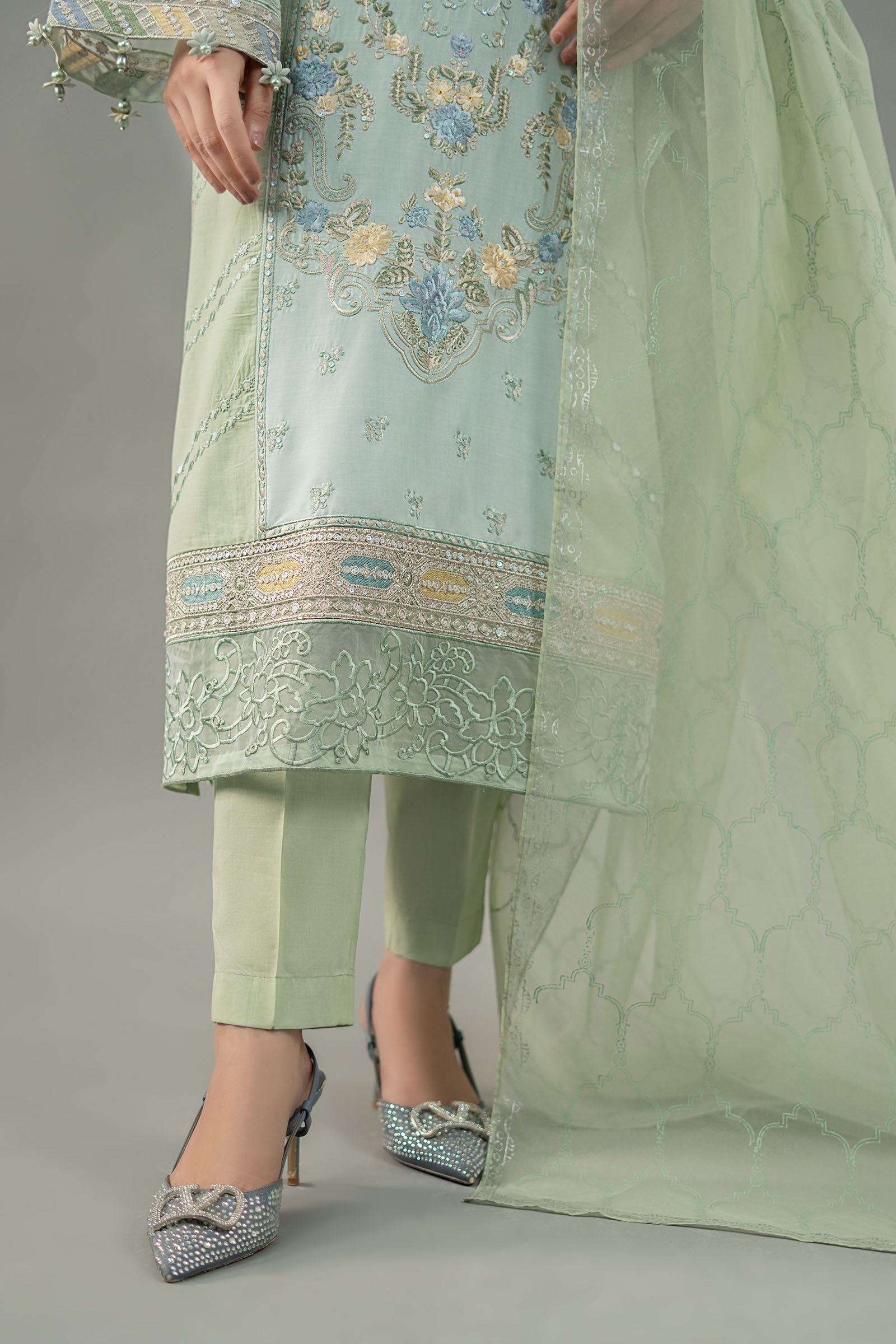 Pakistani Green Embroidered Lawn & Organza Salwar Kameez (3-Piece) - Image 6
