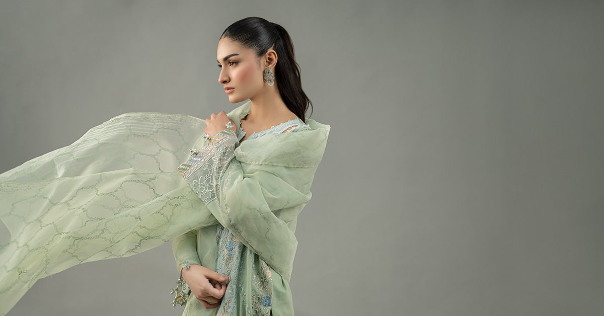 Pakistani Green Embroidered Lawn & Organza Salwar Kameez (3-Piece) - Image 7