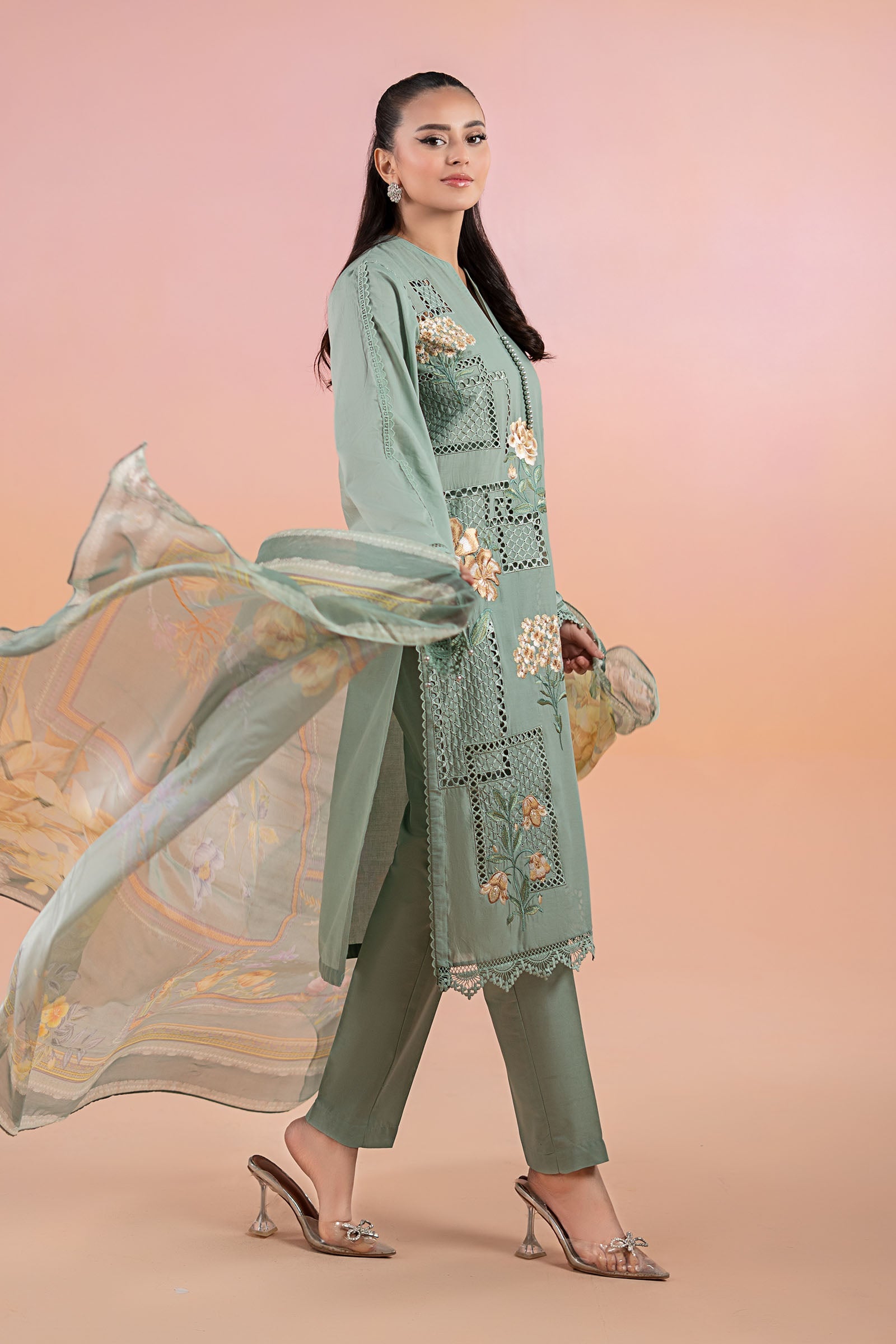 Pakistani Sea Green Embroidered Lawn 3-Piece Suit - Image 6