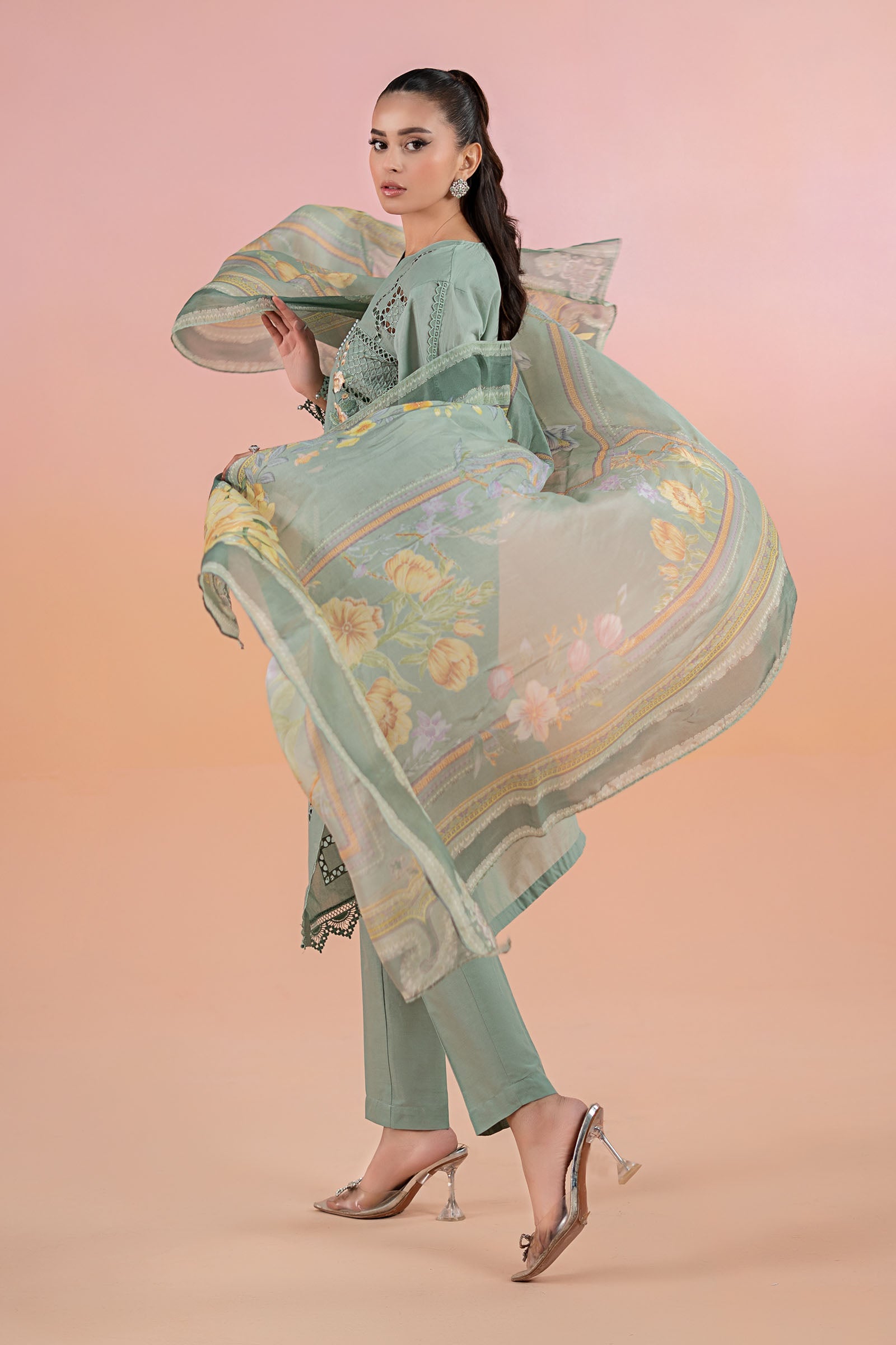 Pakistani Sea Green Embroidered Lawn 3-Piece Suit - Image 7