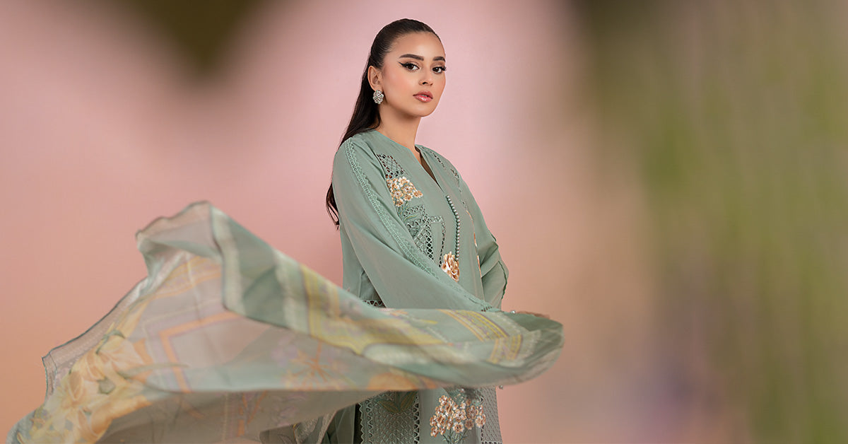 Pakistani Sea Green Embroidered Lawn 3-Piece Suit - Image 8