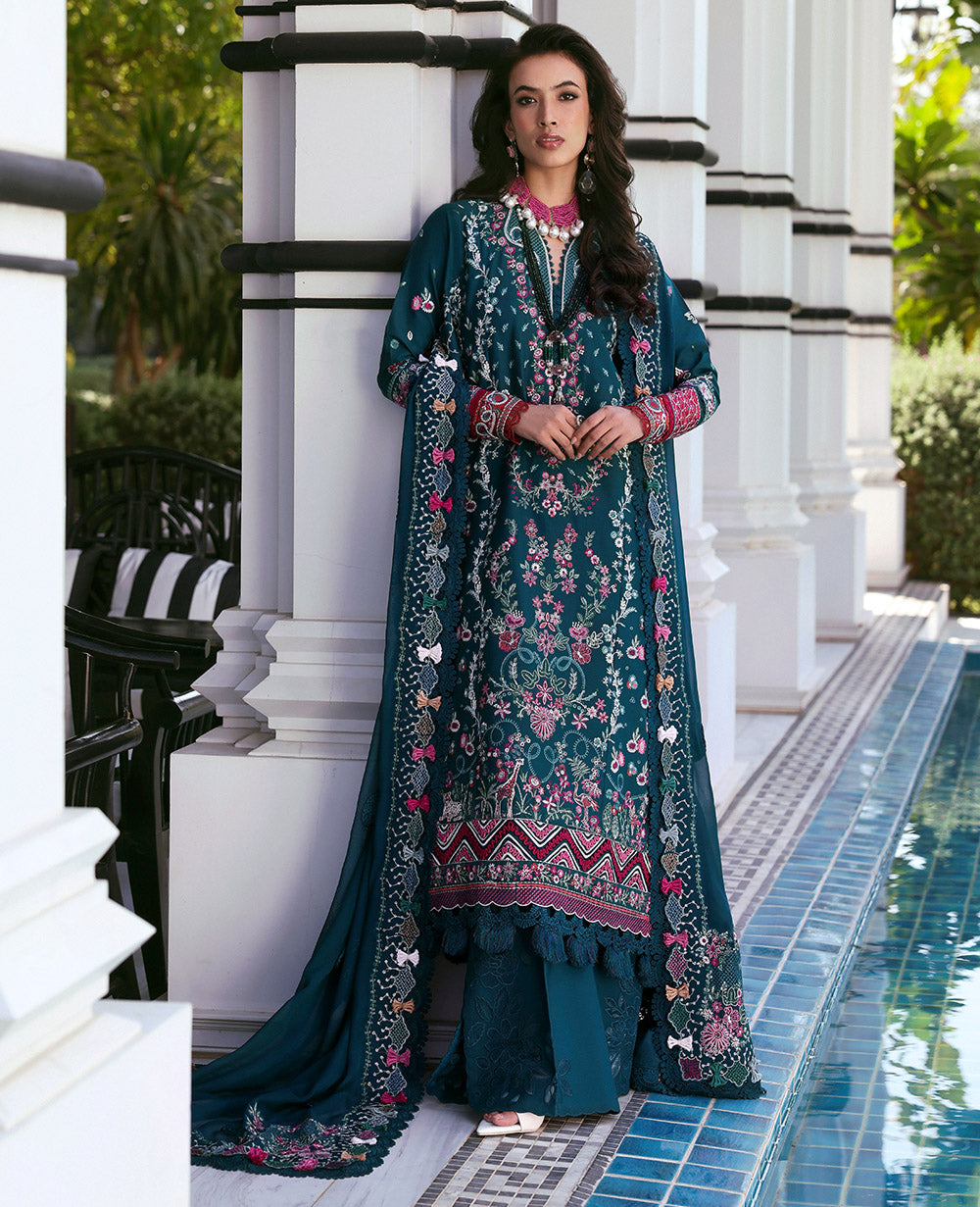 Pakistani Teal Green Embroidered Lawn & Chiffon Salwar Kameez (3-Piece) - Image 1