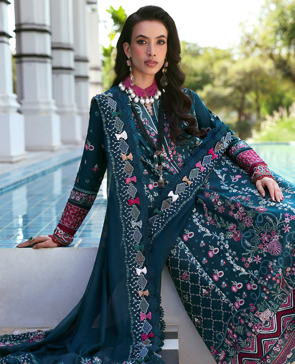 Pakistani Teal Green Embroidered Lawn & Chiffon Salwar Kameez (3-Piece) - Image 3