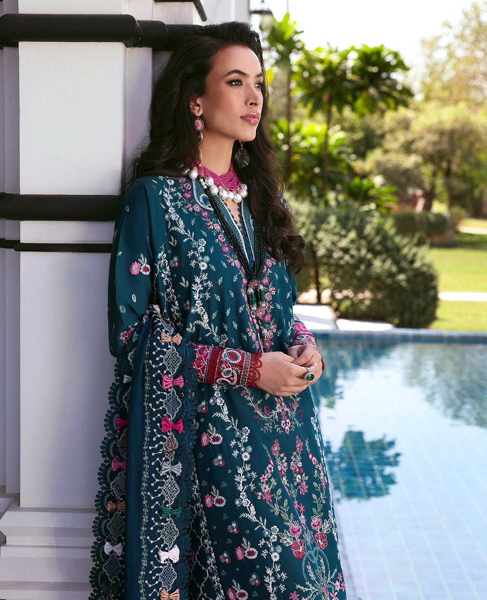 Pakistani Teal Green Embroidered Lawn & Chiffon Salwar Kameez (3-Piece) - Image 4