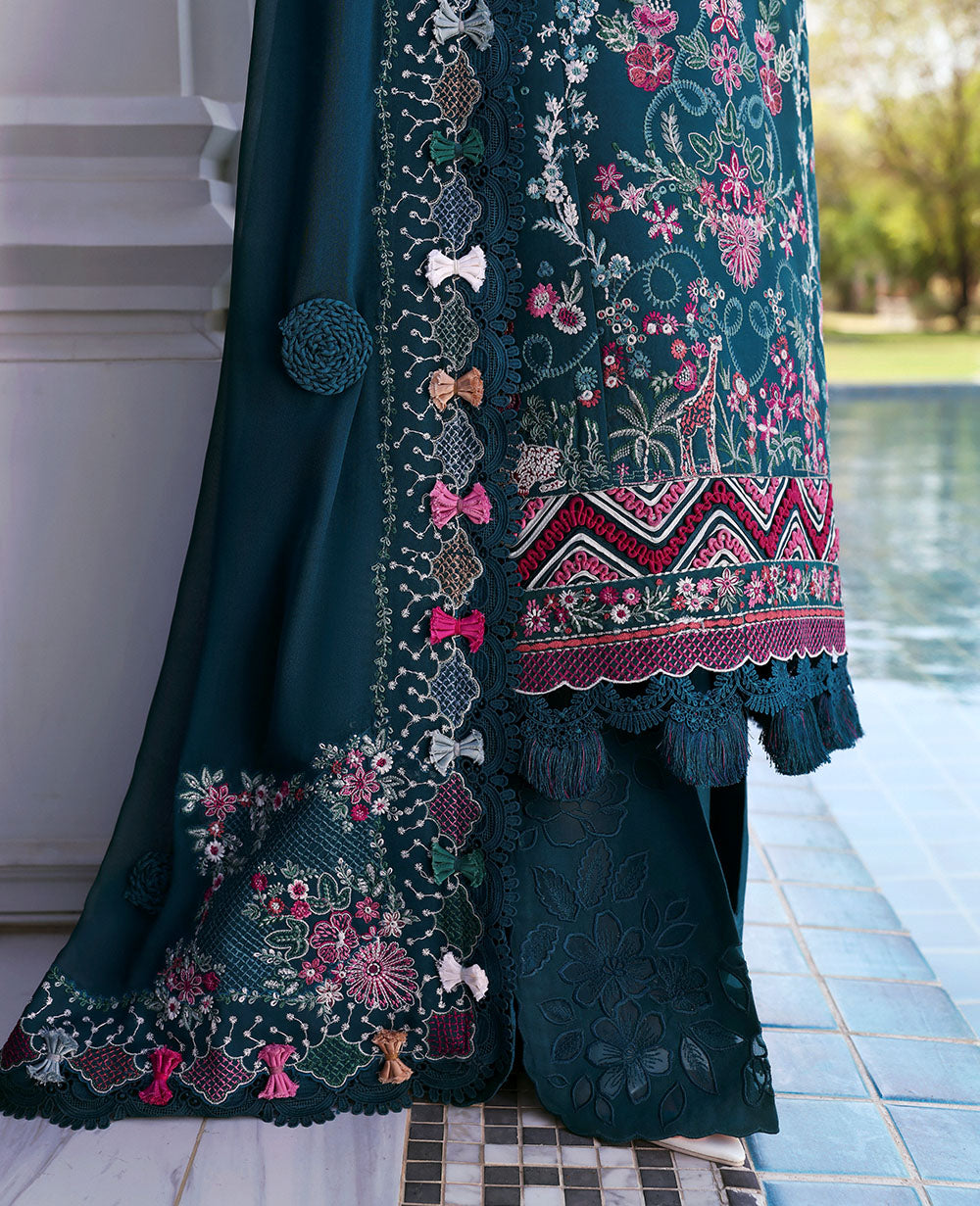 Pakistani Teal Green Embroidered Lawn & Chiffon Salwar Kameez (3-Piece) - Image 5