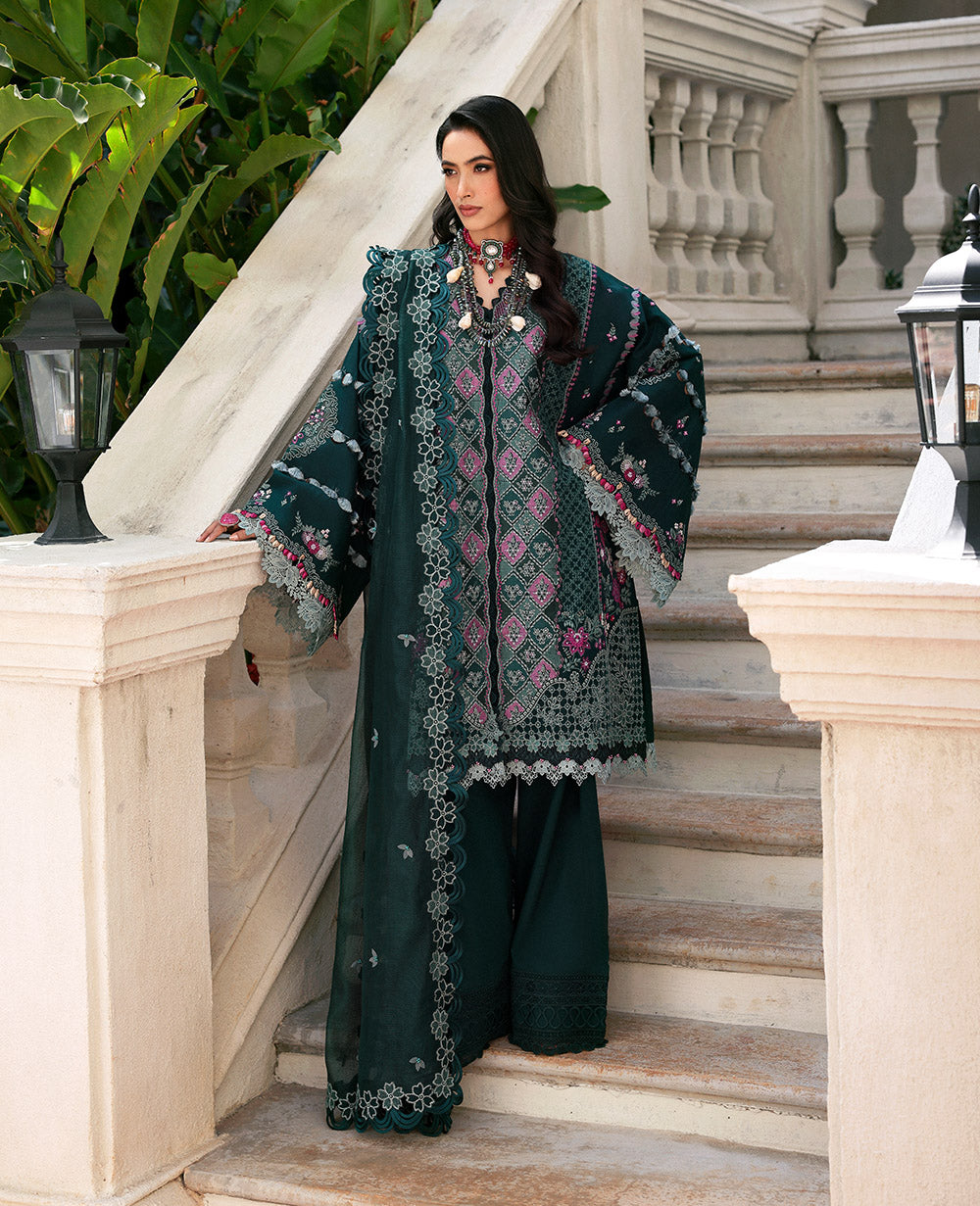 Pakistani Emerald Green Embroidered Lawn & Organza Suit (3-Piece) - Image 2