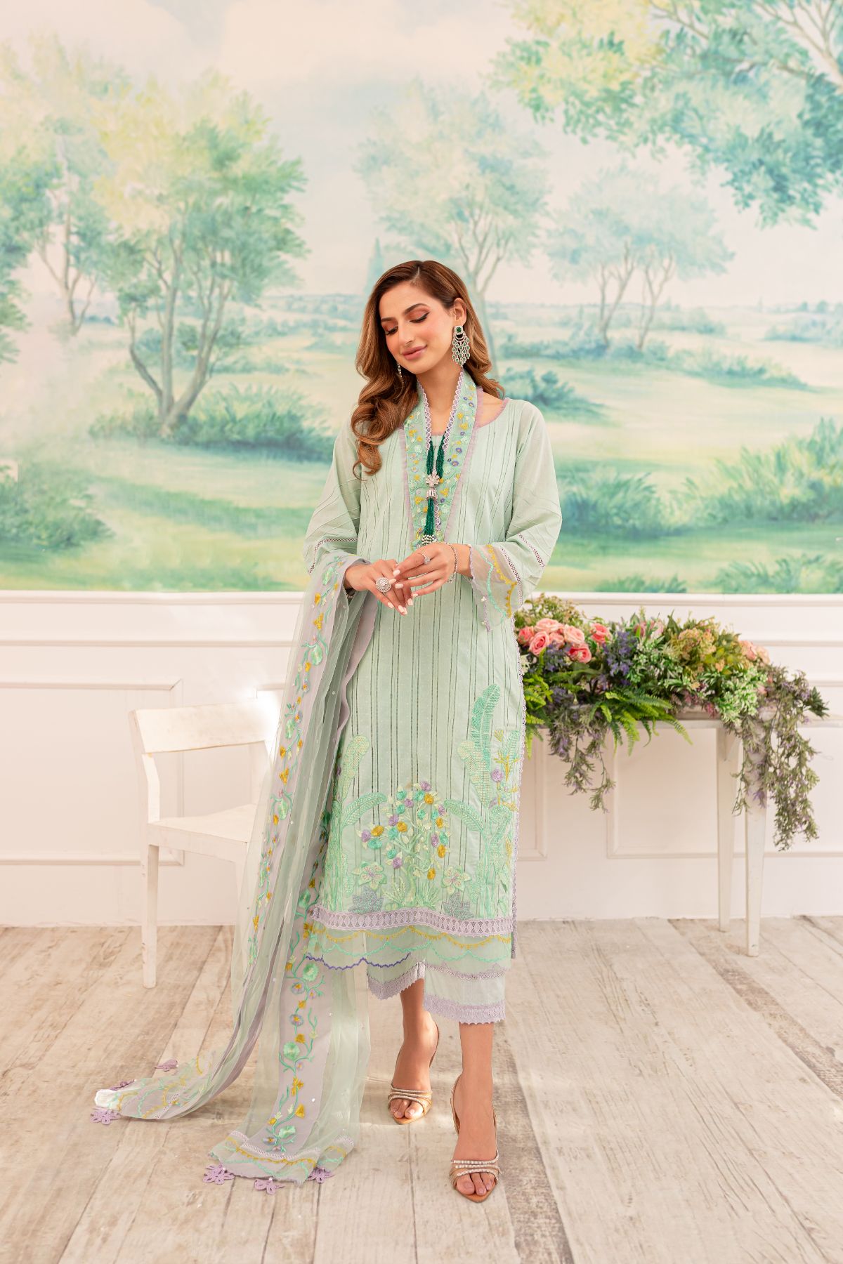 Pakistani Mint Embroidered Lawn Broshia Tarkashi Salwar Kameez (3-Piece) - Image 1
