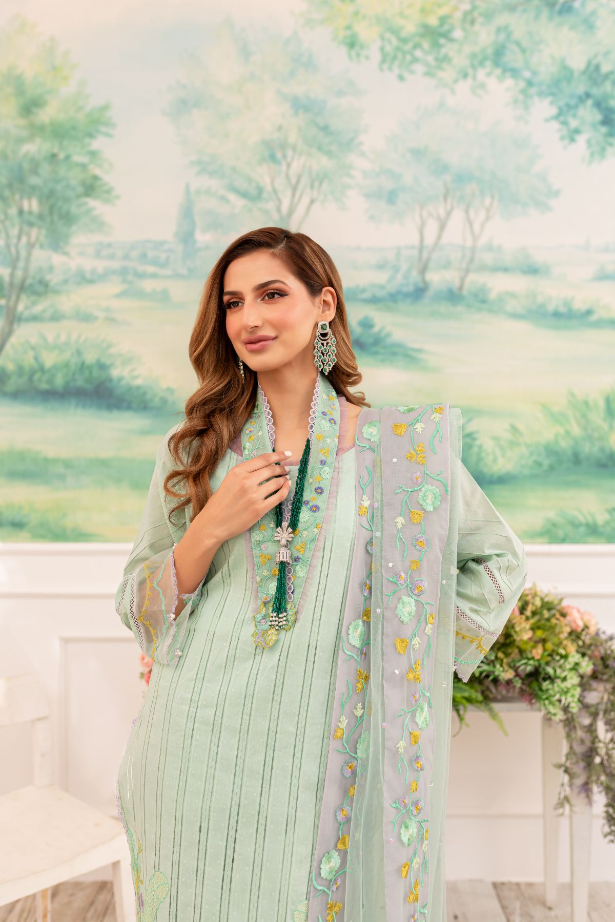 Pakistani Mint Embroidered Lawn Broshia Tarkashi Salwar Kameez (3-Piece) - Image 2