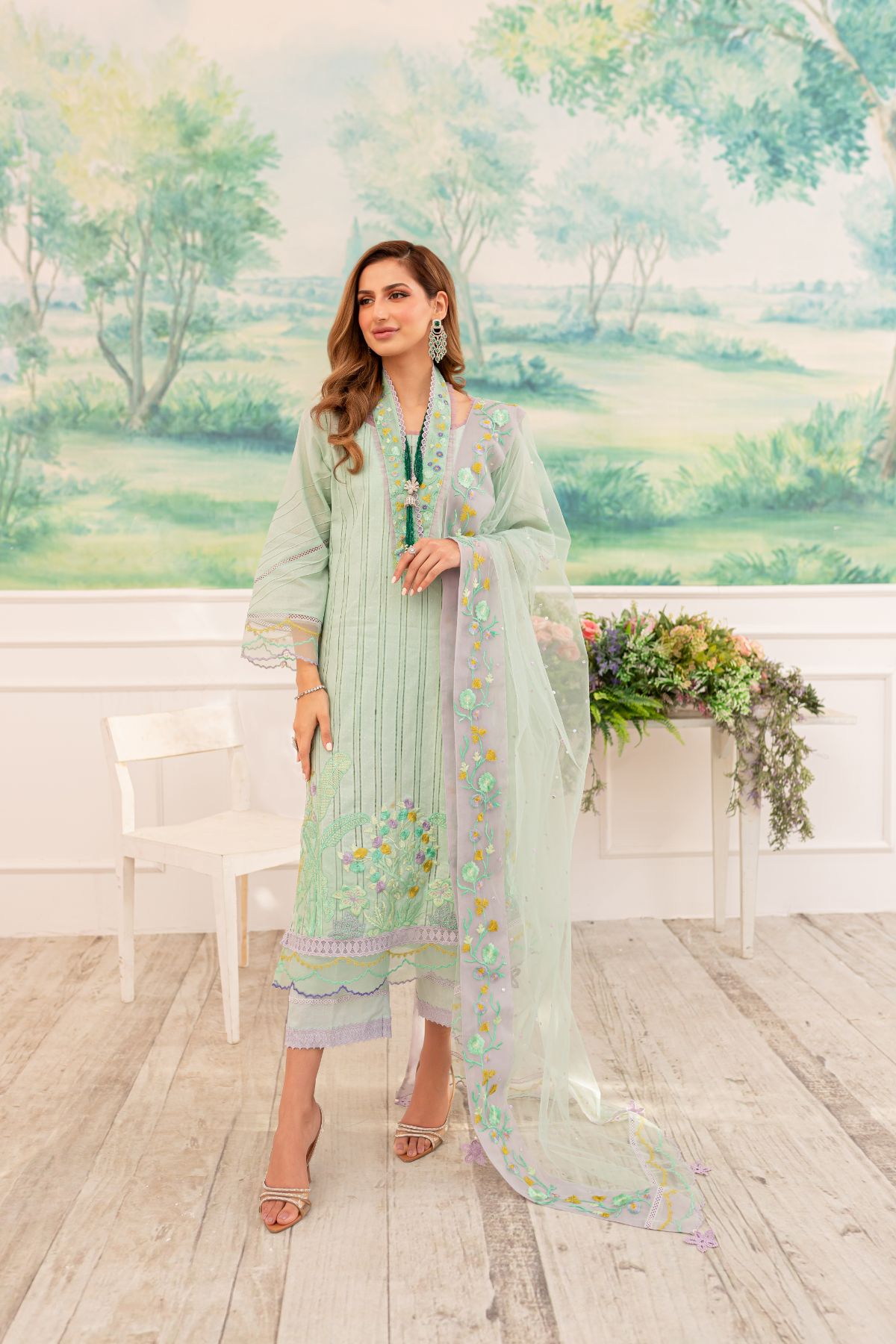Pakistani Mint Embroidered Lawn Broshia Tarkashi Salwar Kameez (3-Piece) - Image 3