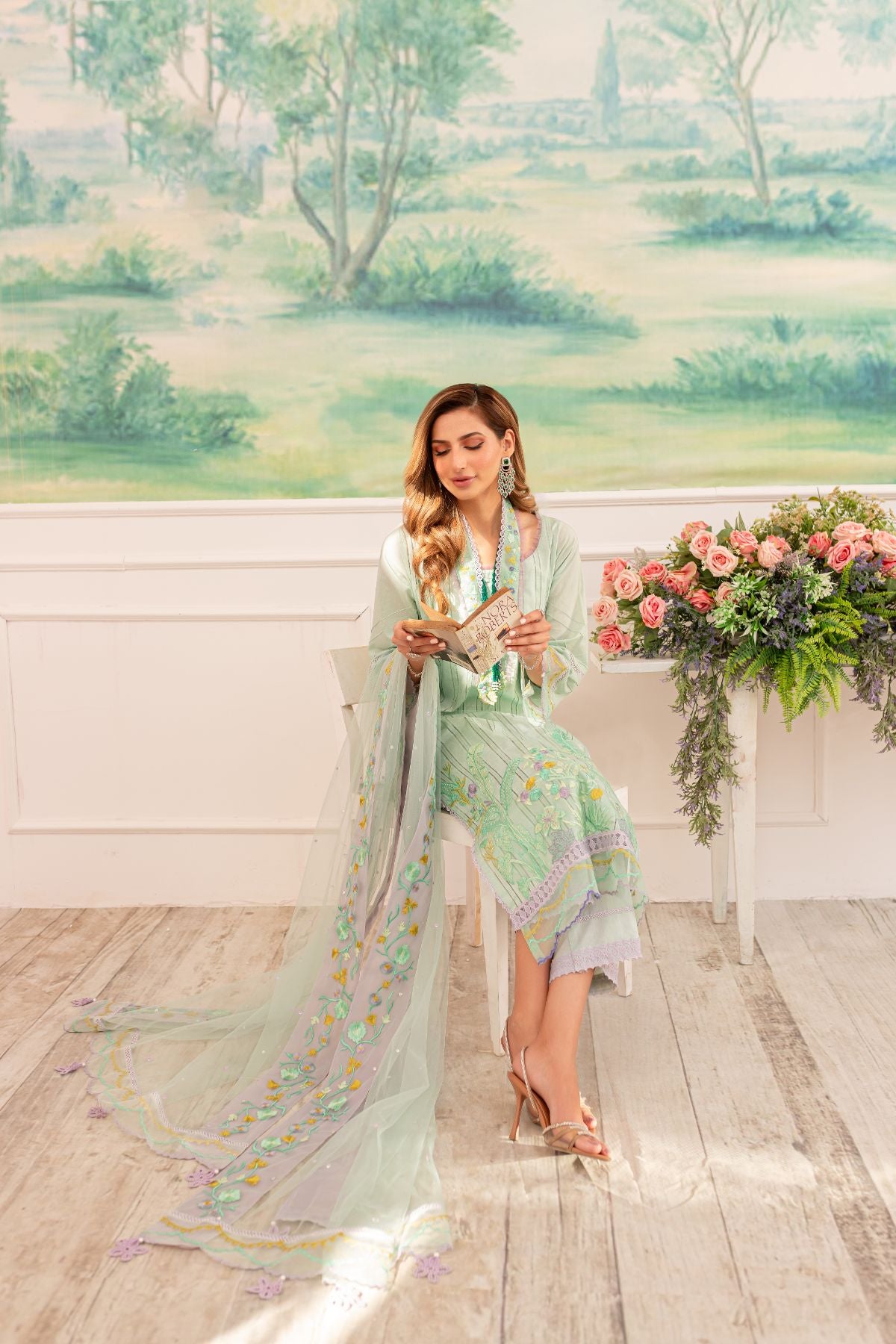 Pakistani Mint Embroidered Lawn Broshia Tarkashi Salwar Kameez (3-Piece) - Image 4