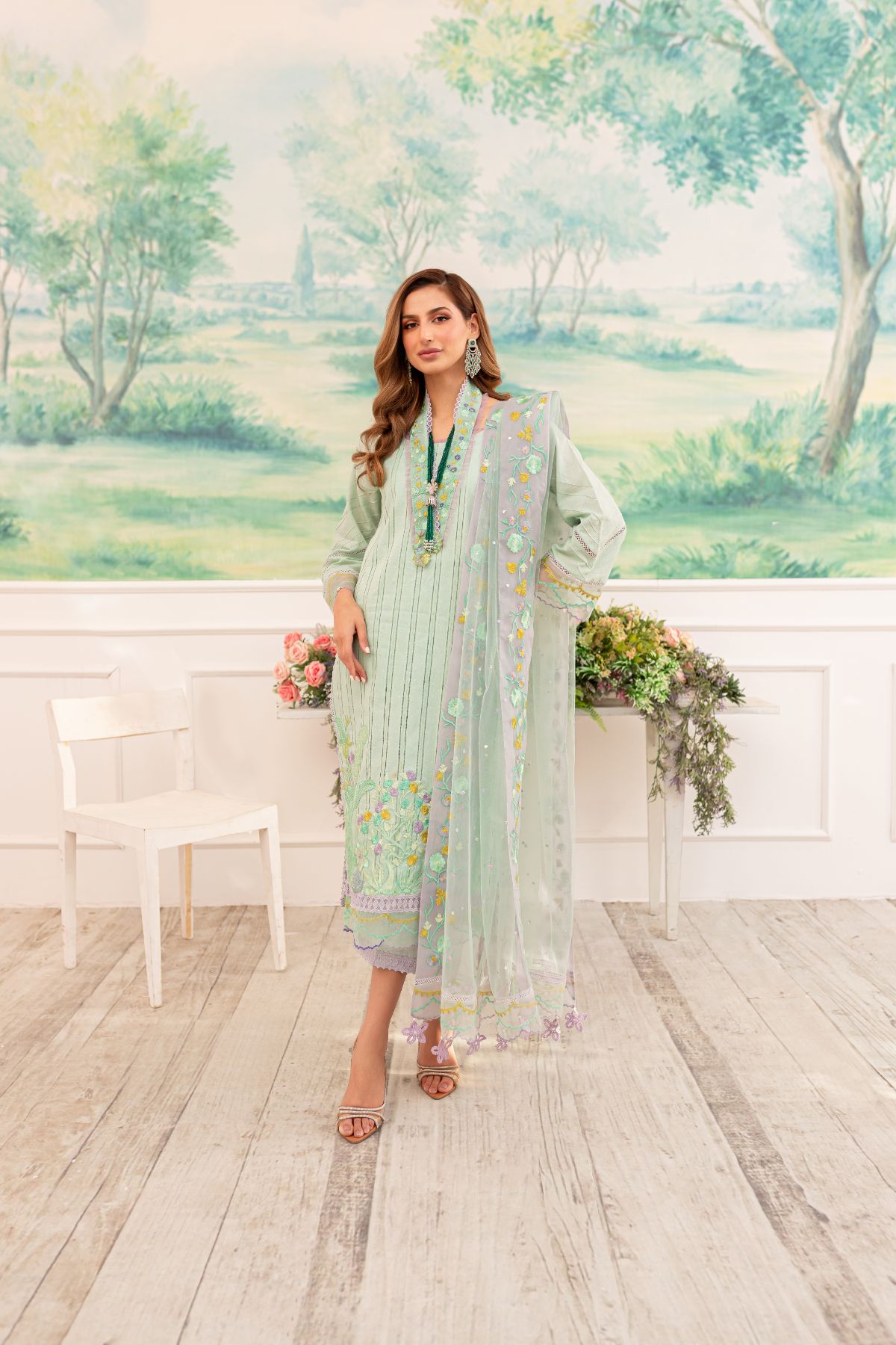 Pakistani Mint Embroidered Lawn Broshia Tarkashi Salwar Kameez (3-Piece) - Image 5