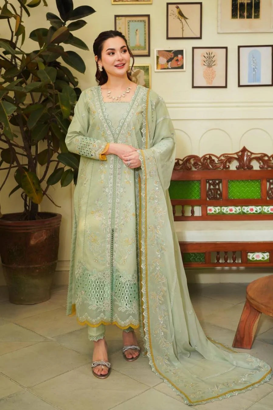 Mint Green Embroidered Lawn & Chiffon Salwar Kameez (3-Piece) - Image 1