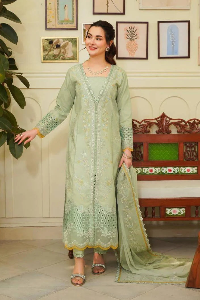 Mint Green Embroidered Lawn & Chiffon Salwar Kameez (3-Piece) - Image 2