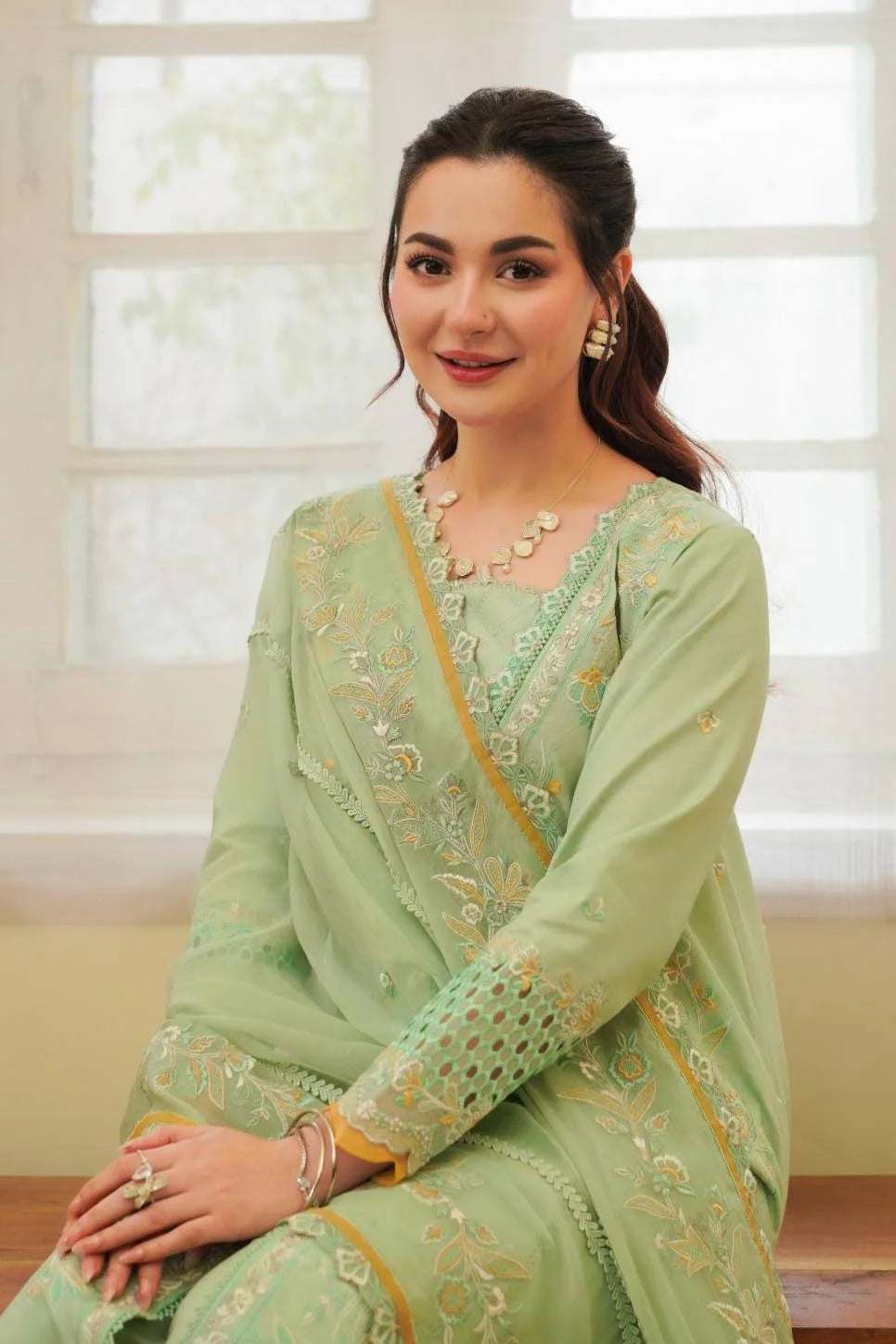 Mint Green Embroidered Lawn & Chiffon Salwar Kameez (3-Piece) - Image 5