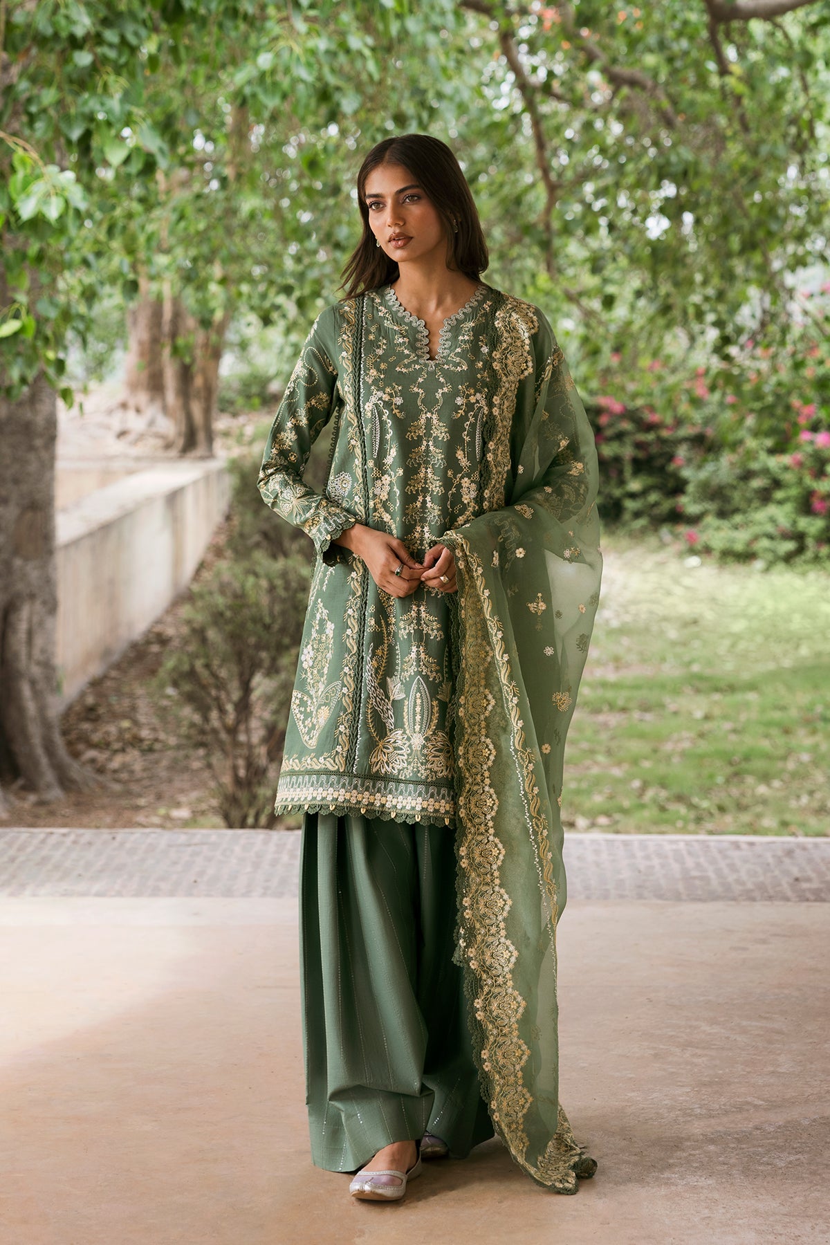 Pakistani Green Embroidered Lawn & Organza Salwar Kameez (3-Piece) - Image 1