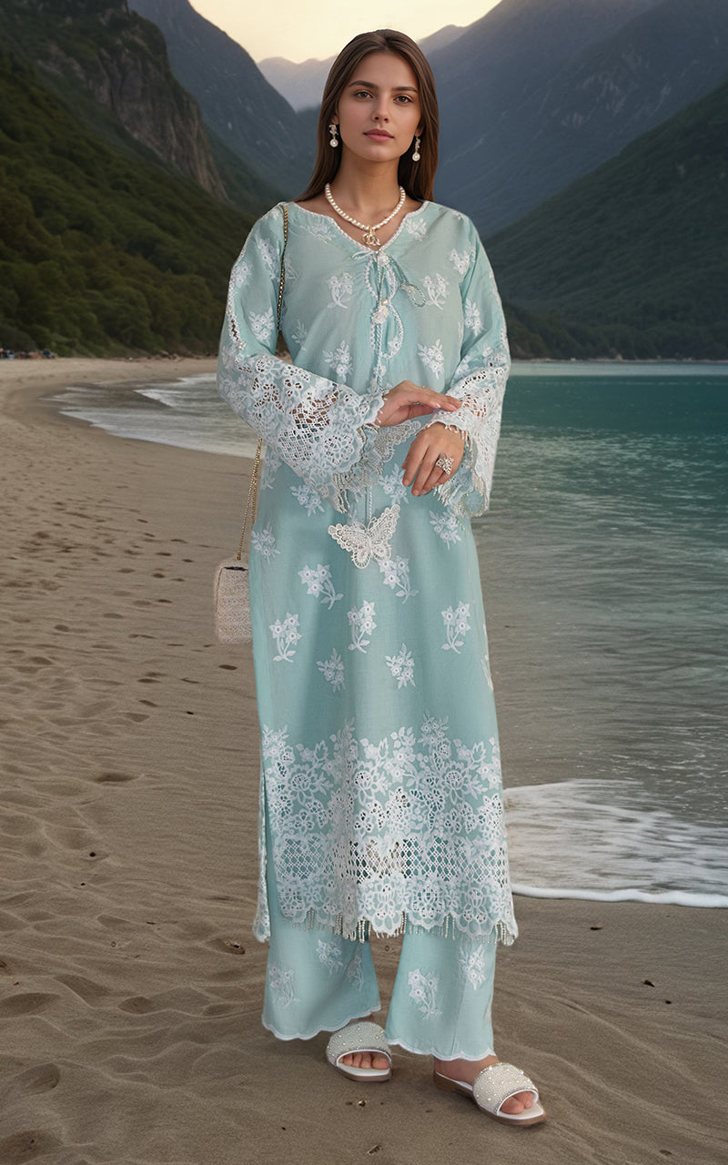 Pakistani Seafoam Green Embroidered Lawn 2-Piece Suit - Image 1