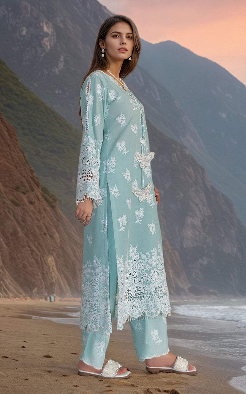 Pakistani Seafoam Green Embroidered Lawn 2-Piece Suit - Image 4