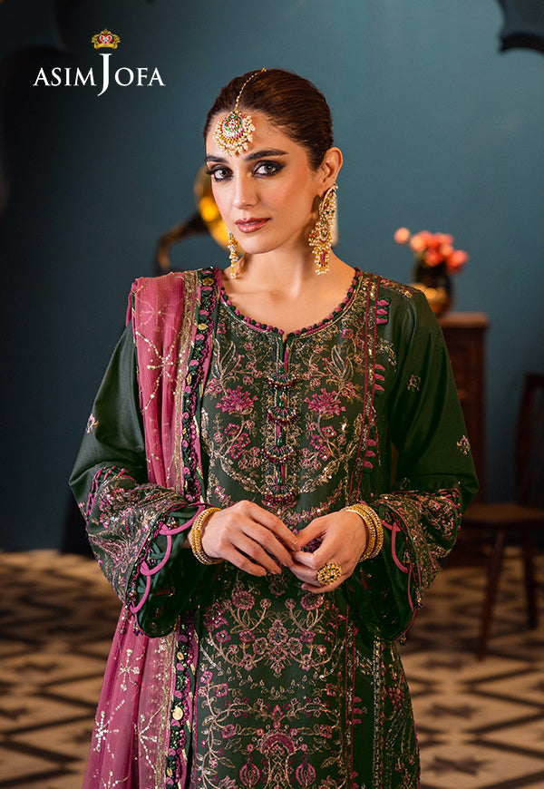 Pakistani Forest Green Embroidered Lawn & Chiffon Suit (3-Piece) - Image 2