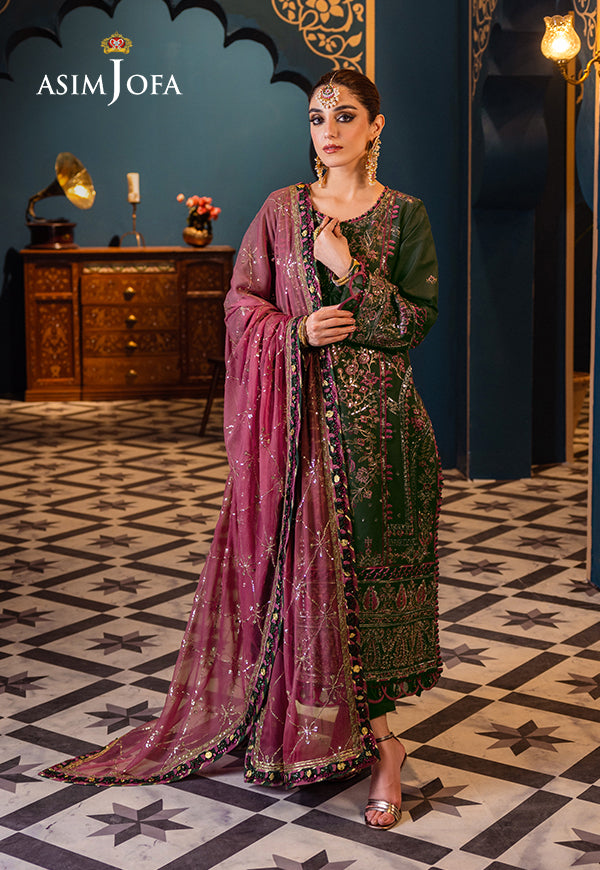 Pakistani Forest Green Embroidered Lawn & Chiffon Suit (3-Piece) - Image 4
