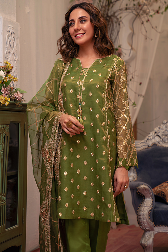 Lime Green Embroidered Maysuri Salwar Kameez (3-Piece) - Image 3