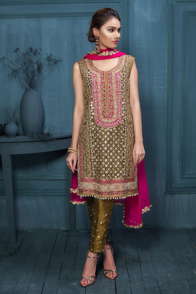 Mehndi Green Gota Dabka Net Salwar Kameez (3-Piece) - Image 1