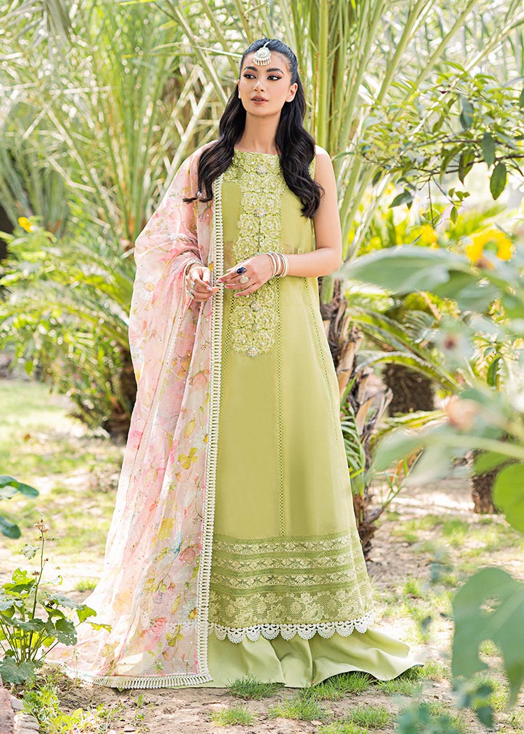 Pakistani Apple Green Embroidered Net Organza Salwar Kameez (3-Piece) - Image 2