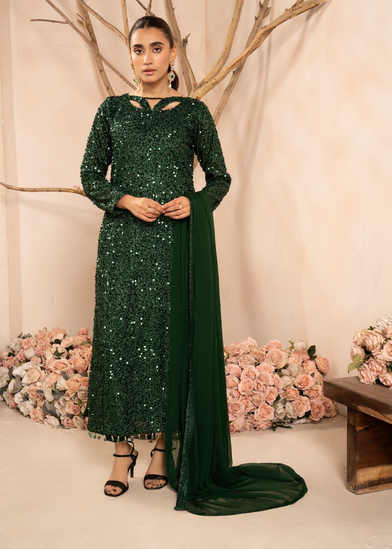 Bottle Green Sequin Embroidered Net Kurta Set (3-Piece) - Image 1