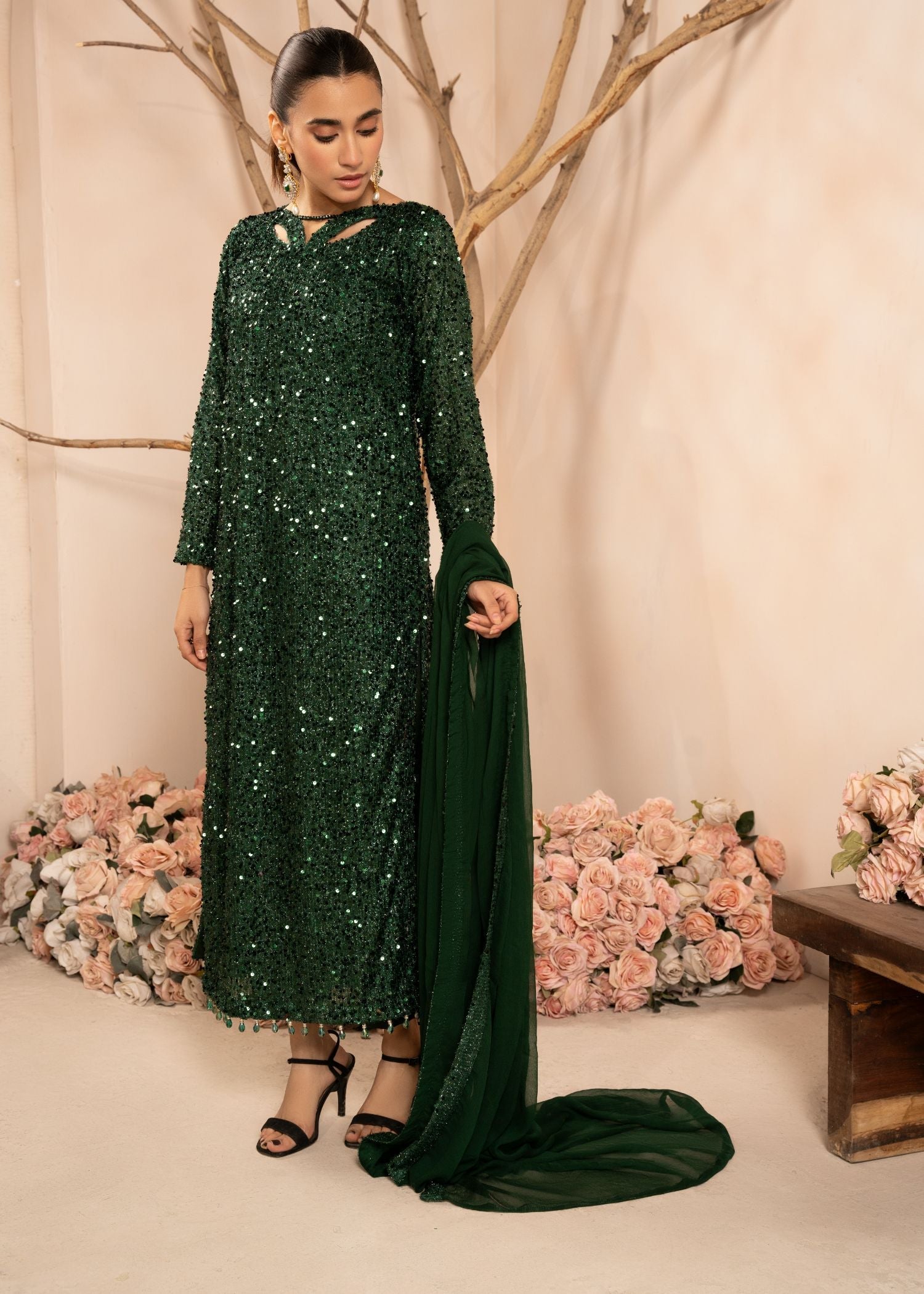 Bottle Green Sequin Embroidered Net Kurta Set (3-Piece) - Image 2