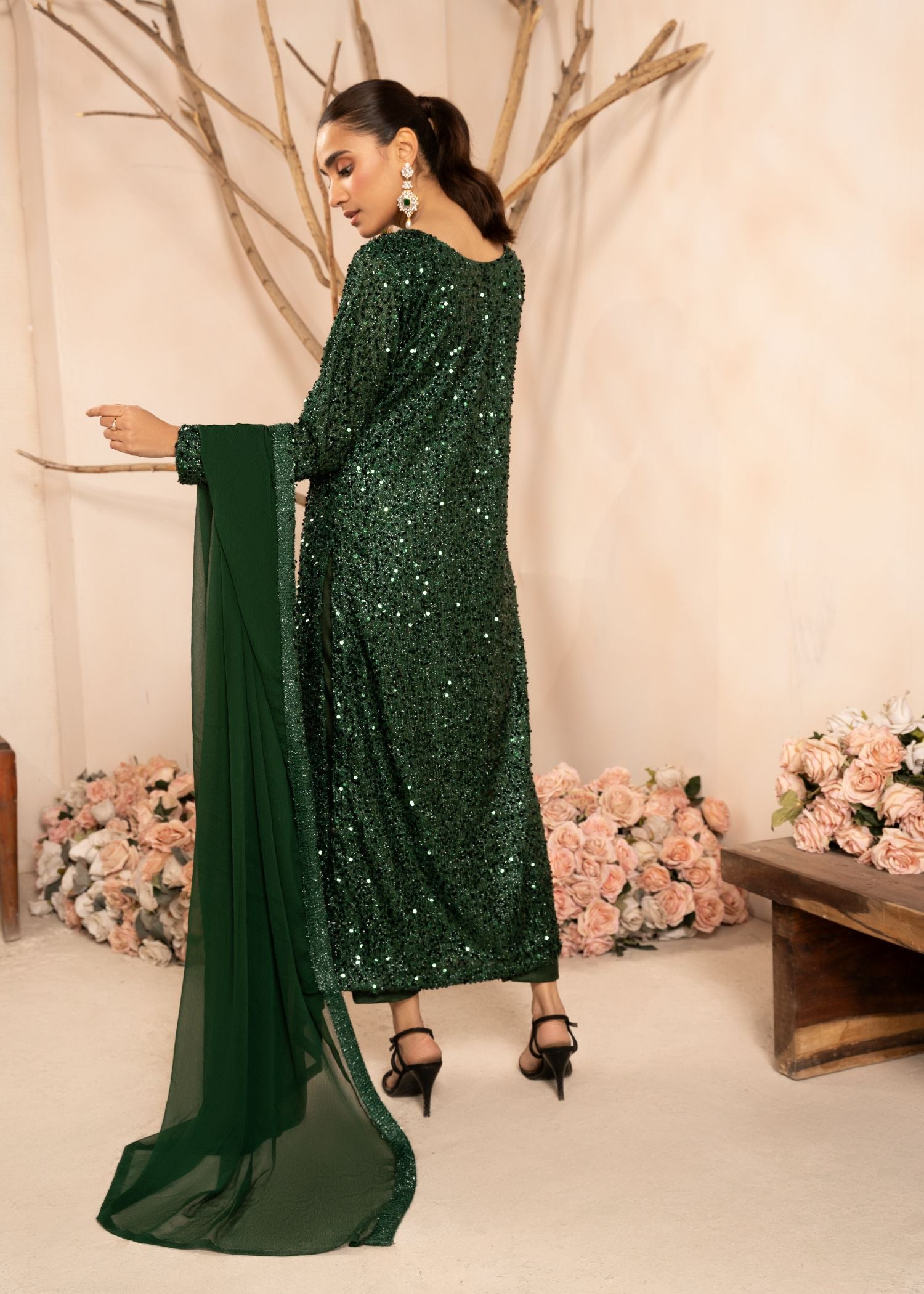 Bottle Green Sequin Embroidered Net Kurta Set (3-Piece) - Image 3