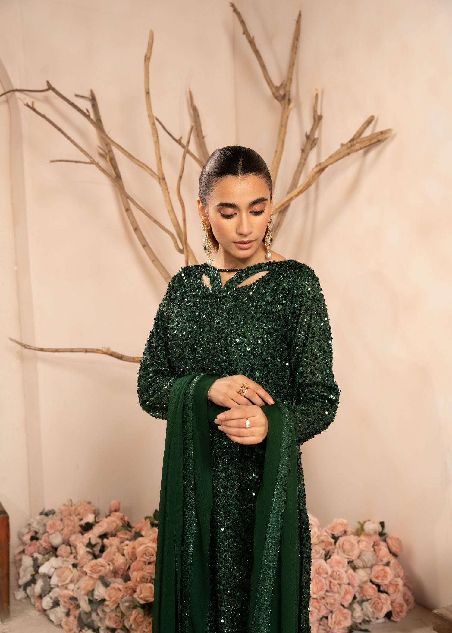 Bottle Green Sequin Embroidered Net Kurta Set (3-Piece) - Image 5