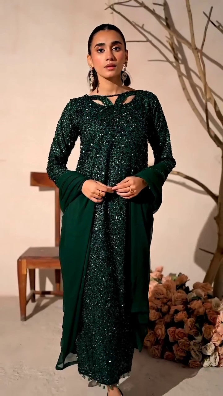 Bottle Green Sequin Embroidered Net Kurta Set (3-Piece) - Image 6