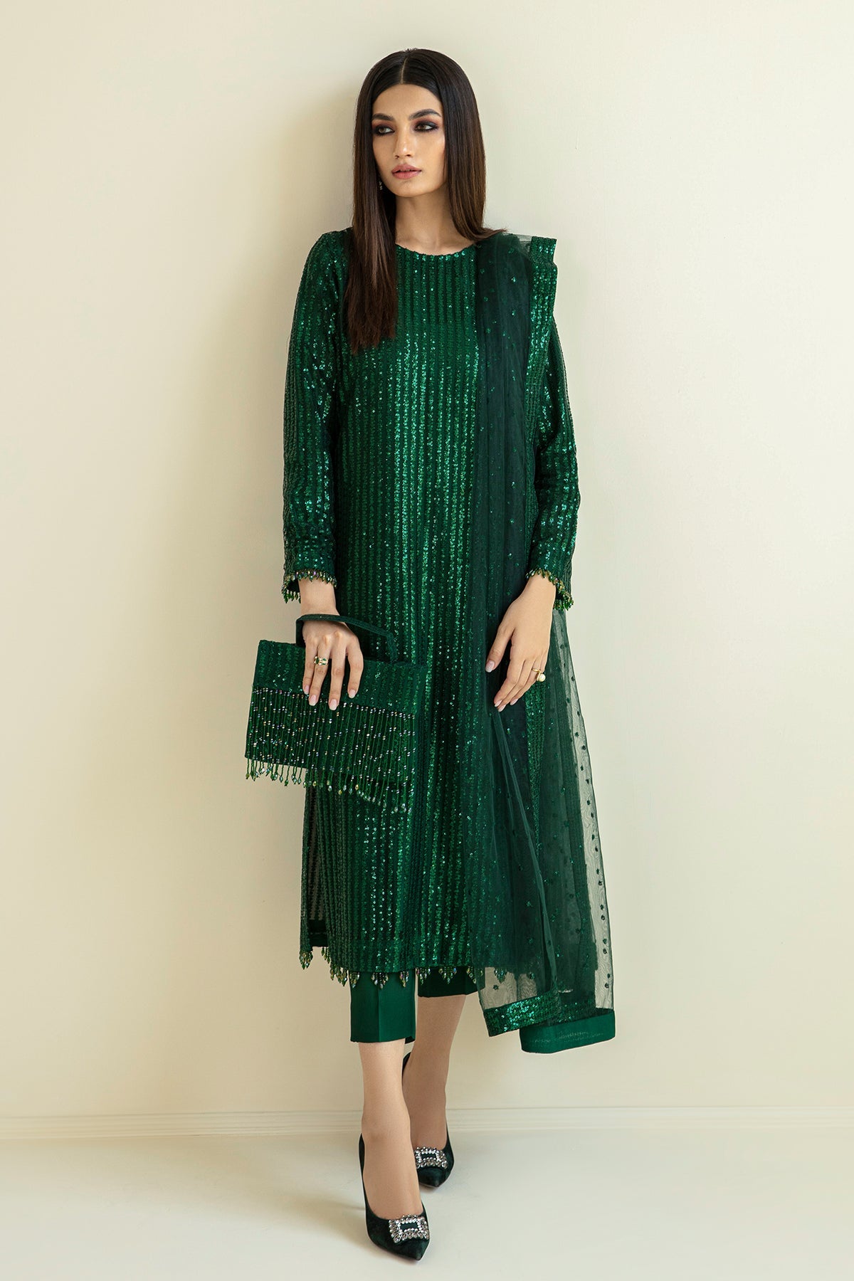 Pakistani Emerald Green Sequinned Net Salwar Kameez (3-Piece) - Image 1
