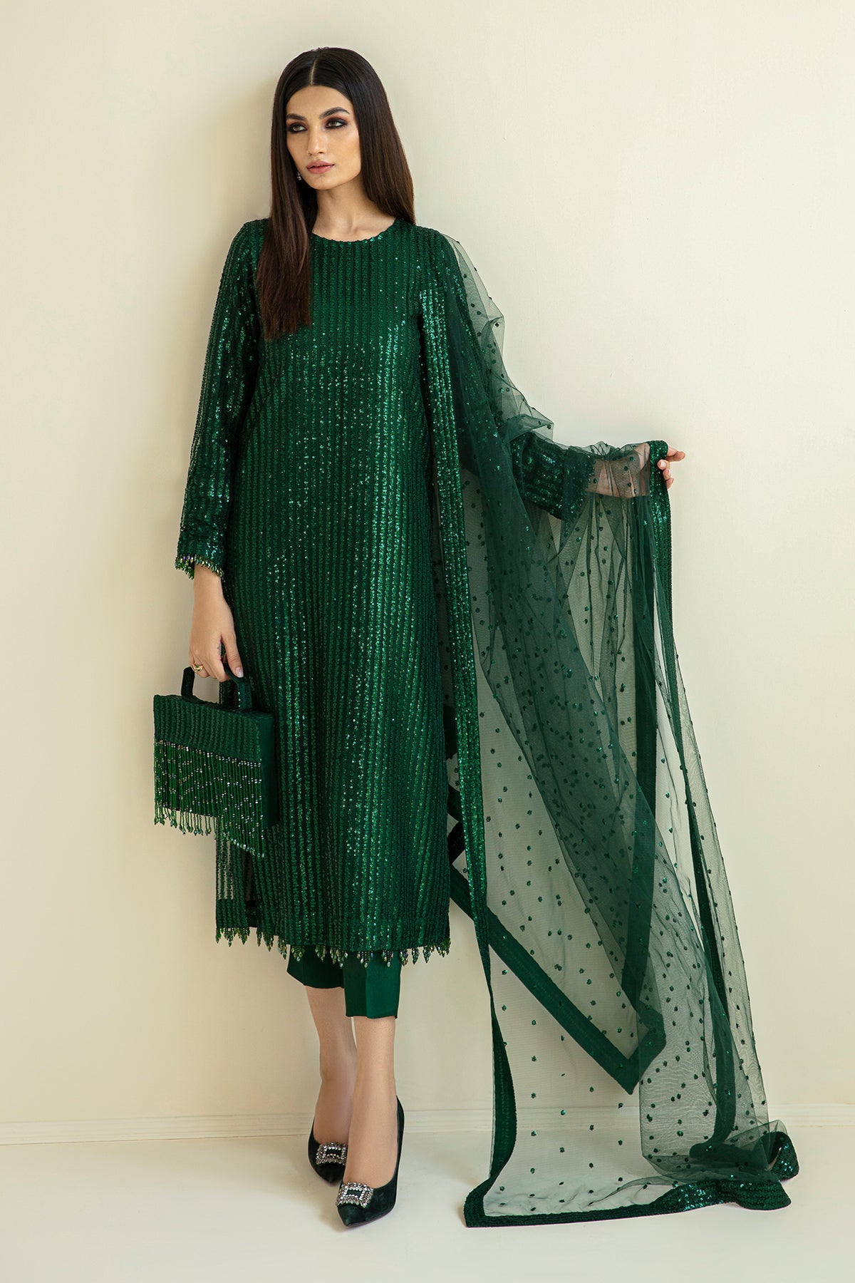 Pakistani Emerald Green Sequinned Net Salwar Kameez (3-Piece) - Image 8