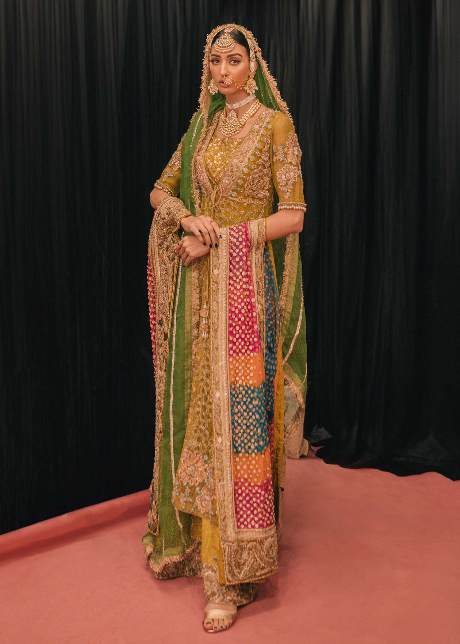 Pakistani Lime Green Embroidered Net Bridal Shirt (3-Piece) - Image 1