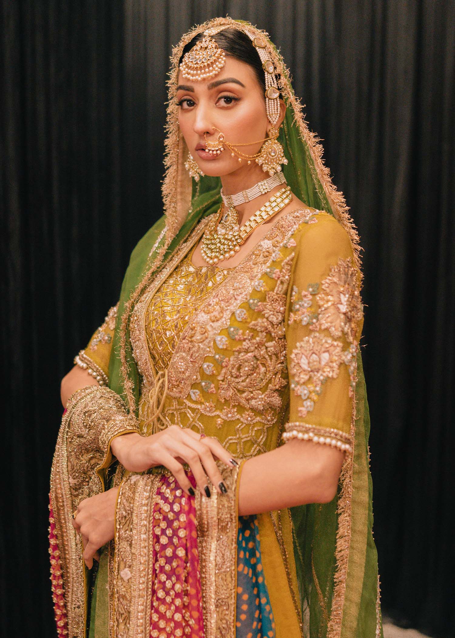 Pakistani Lime Green Embroidered Net Bridal Shirt (3-Piece) - Image 2