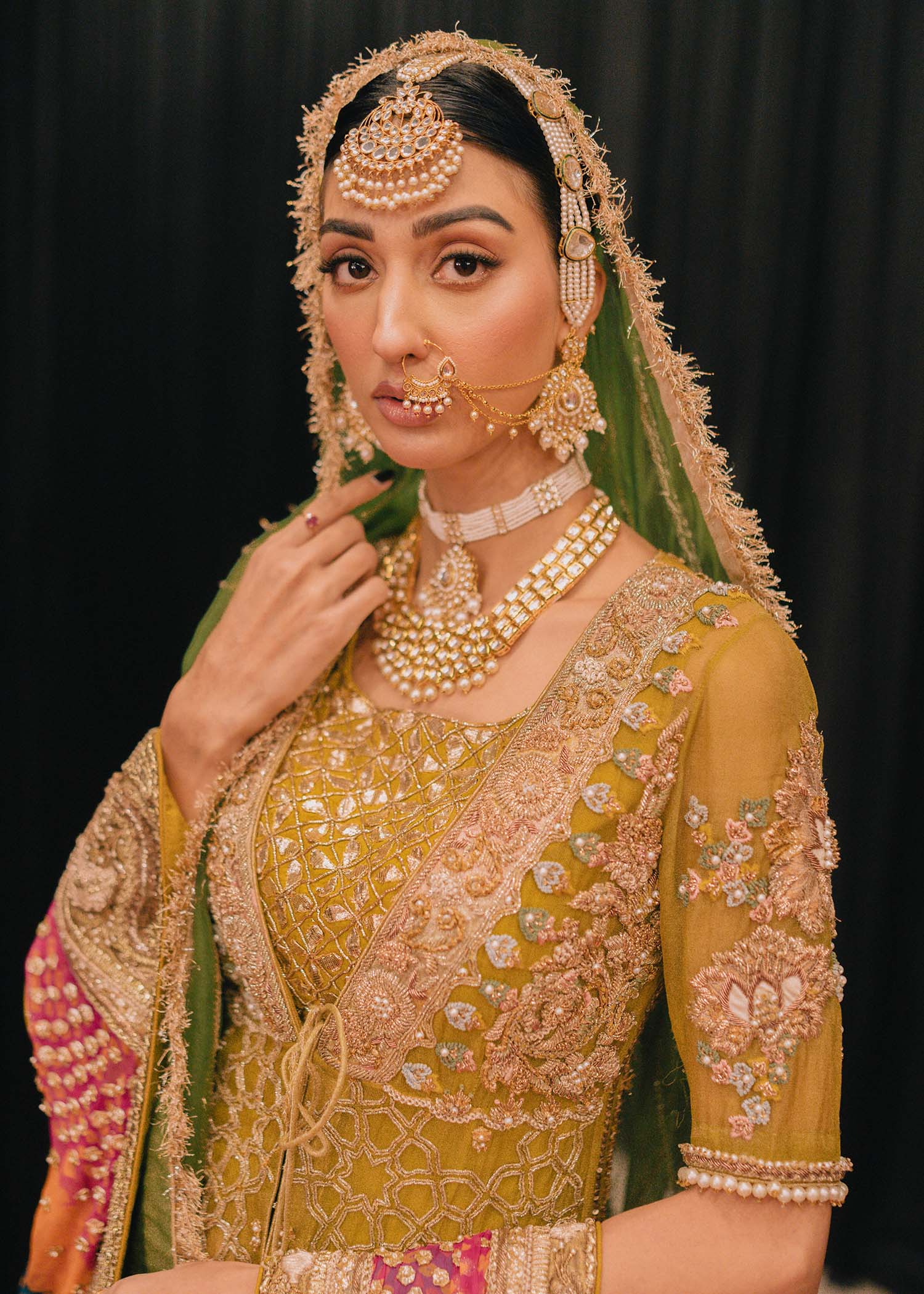 Pakistani Lime Green Embroidered Net Bridal Shirt (3-Piece) - Image 3