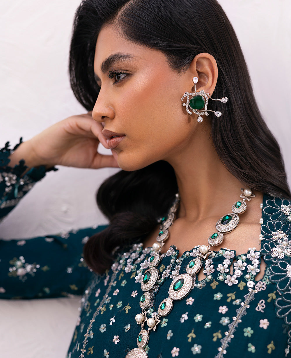 Pakistani Emerald Embroidered Oak Silk Salwar Kameez (3-Piece) - Image 6