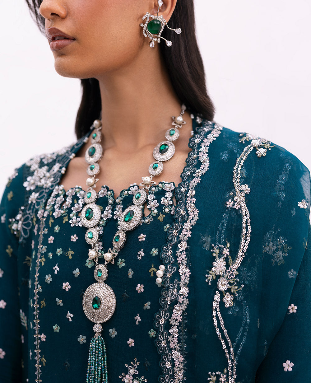 Pakistani Emerald Embroidered Oak Silk Salwar Kameez (3-Piece) - Image 8