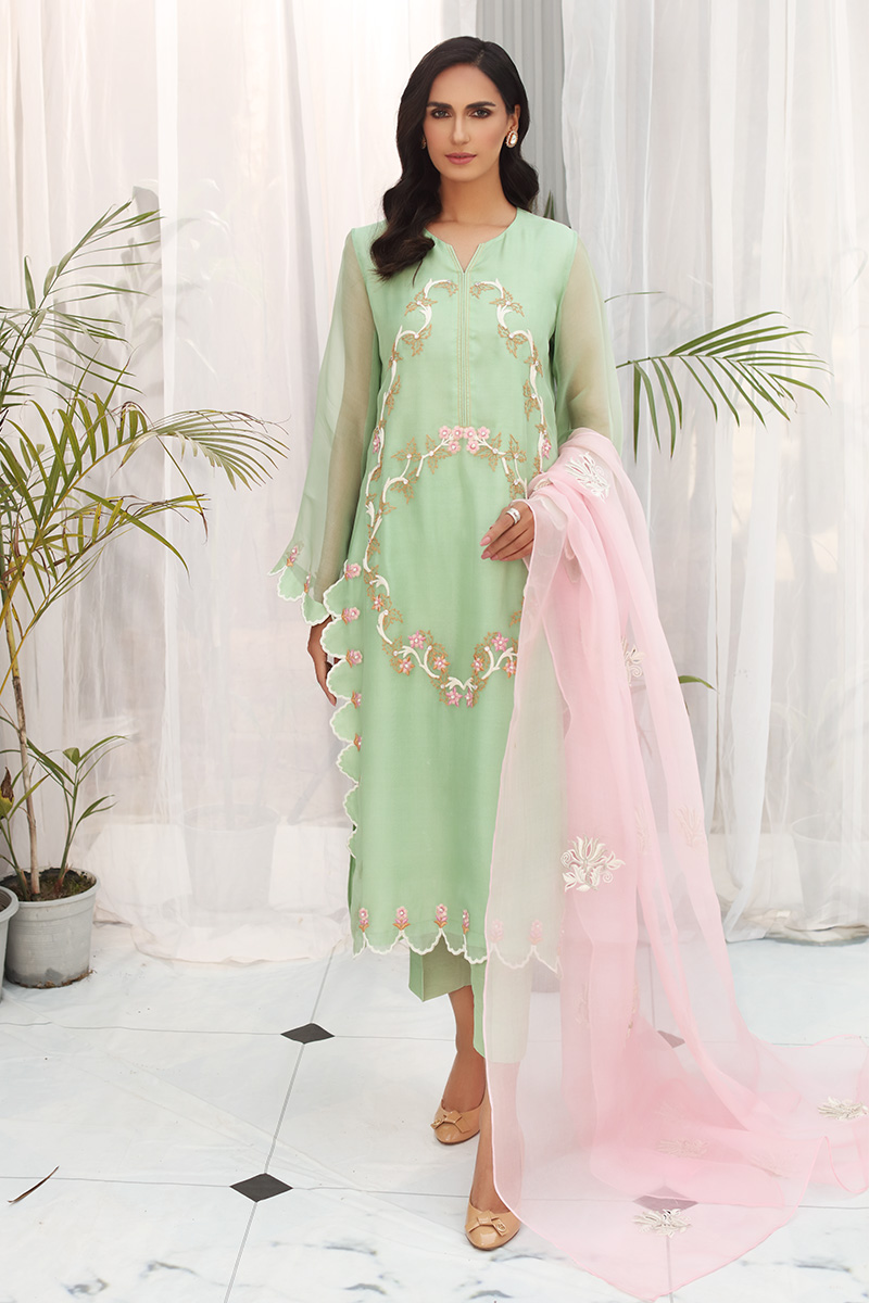 Pistachio Green Embroidered Organza Kurta (3-Piece) - Image 1