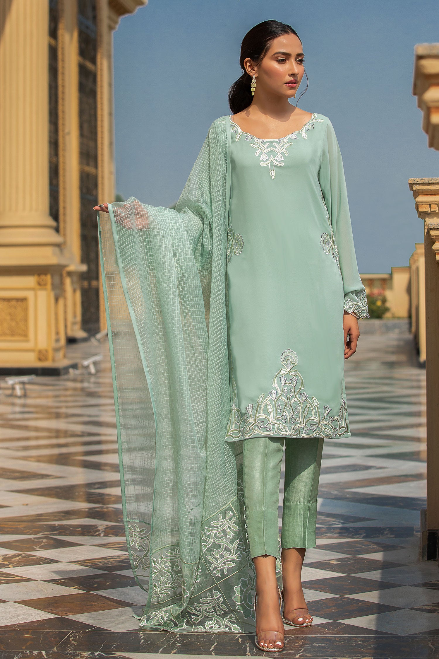 Pakistani Pastel Green Embroidered Straight Shirt (3-Piece) - Image 2