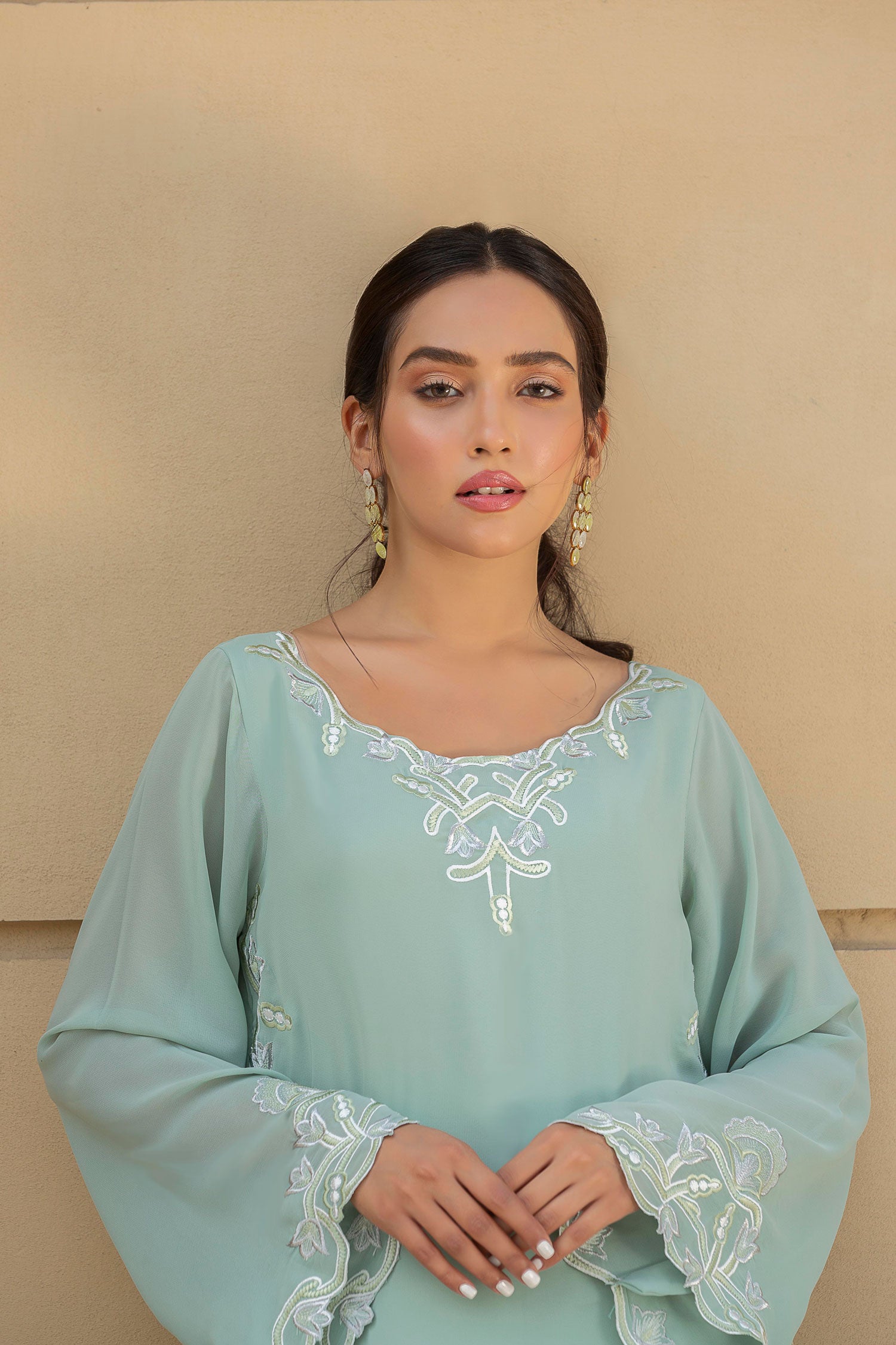 Pakistani Pastel Green Embroidered Straight Shirt (3-Piece) - Image 5