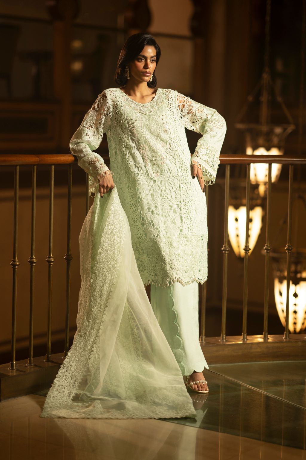 Lime Cutwork Embroidered Organza Salwar Kameez (3-Piece) - Image 1
