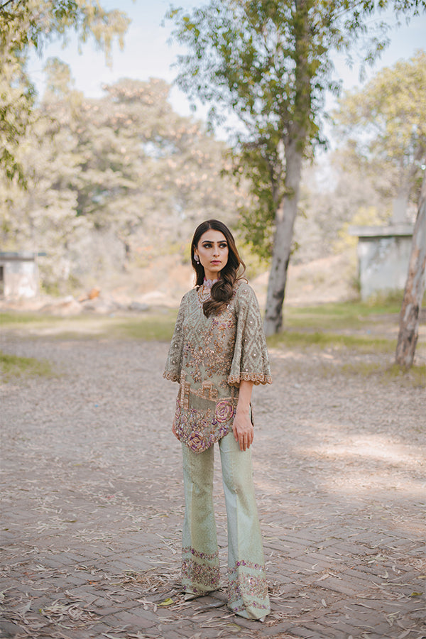Pakistani Mint Green Embellished Organza Short Shirt & Jamawar Bell Bottoms (2-Piece) - Image 1