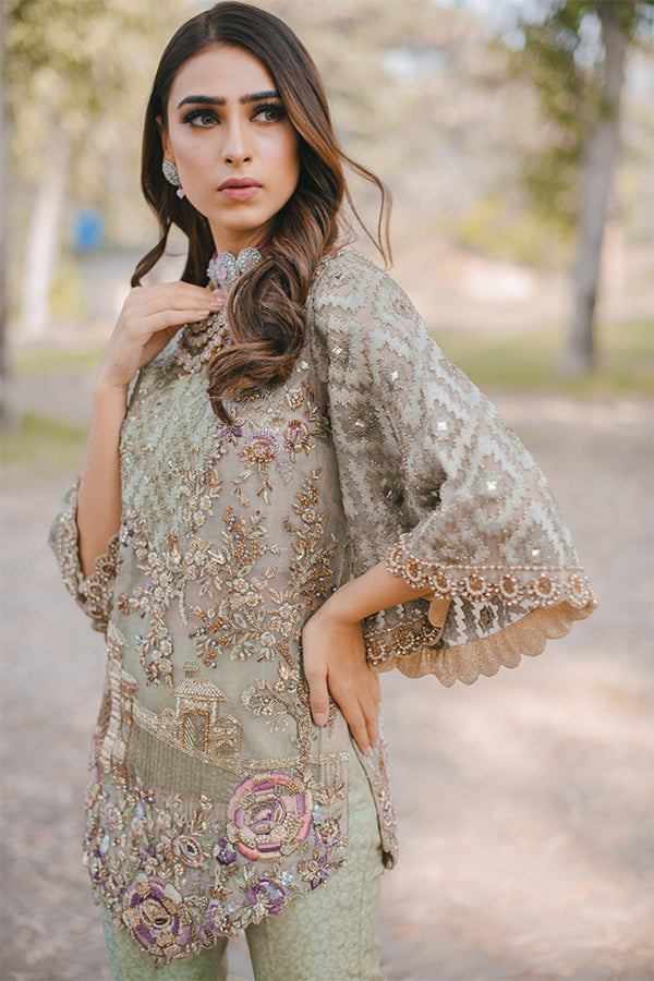 Pakistani Mint Green Embellished Organza Short Shirt & Jamawar Bell Bottoms (2-Piece) - Image 2